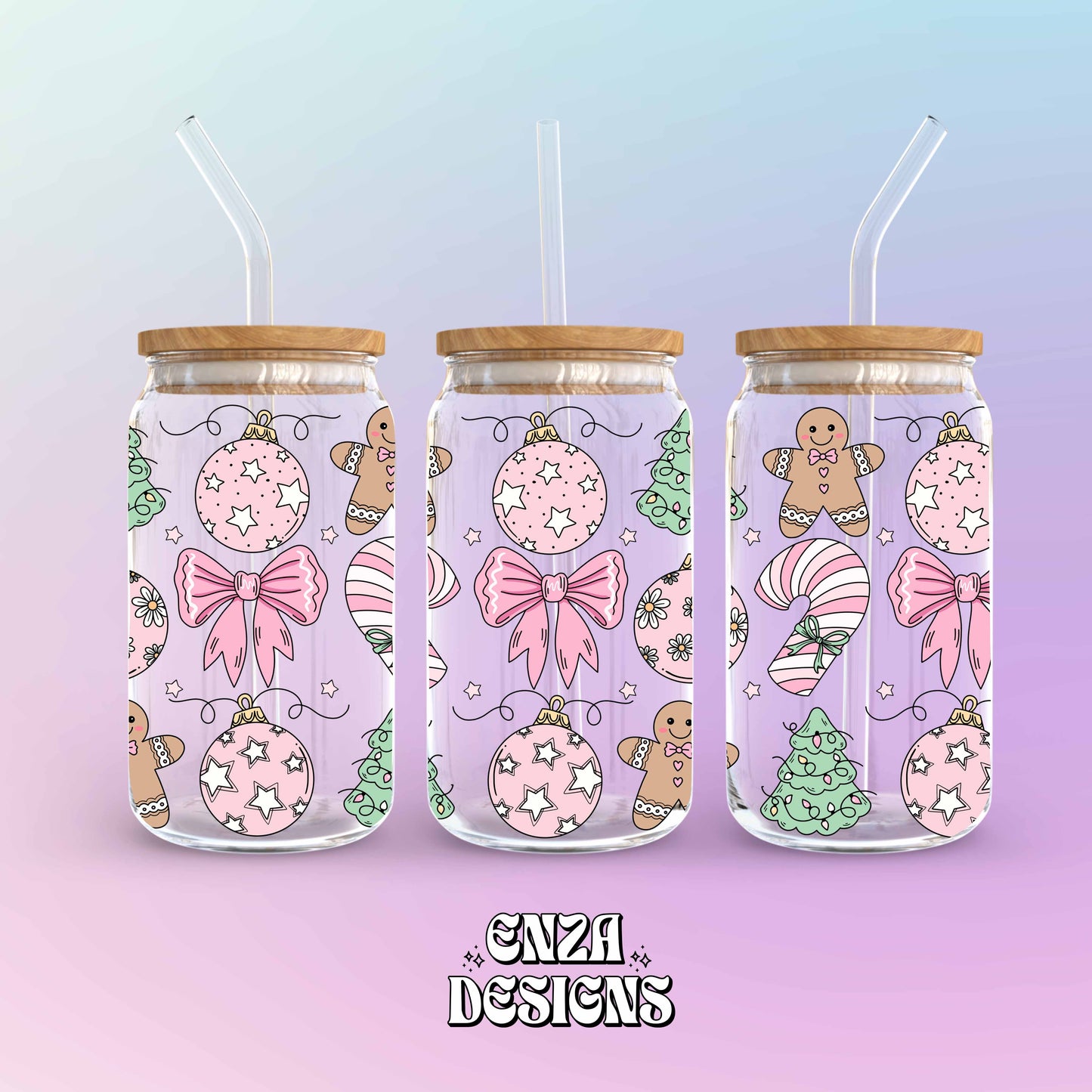 Pink Christmas Ornaments 16 oz Libbey Can Glass Wrap Png Digital Download, Holiday Libbey Can Wrap Png Uv Dtf designs, Gingerbread Libbey Cup Png