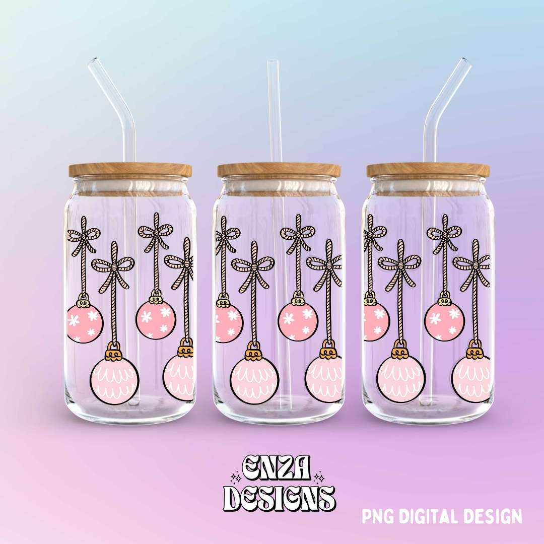 Coquette Christmas Ornaments 16 oz Libbey Can Glass Wrap Png Digital Download, Pink Libbey Can Wrap Png Uv Dtf design, Cowgirl Cup Wrap Png