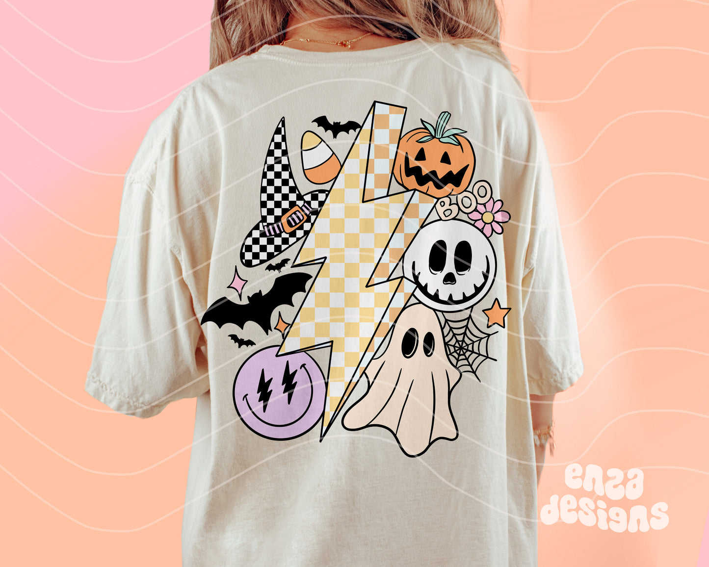 Retro Halloween Png Shirt Design, Spooky Season Png, Checkered Lightning, Retro Smiley Sublimation, Halloween Sublimation Shirt Png