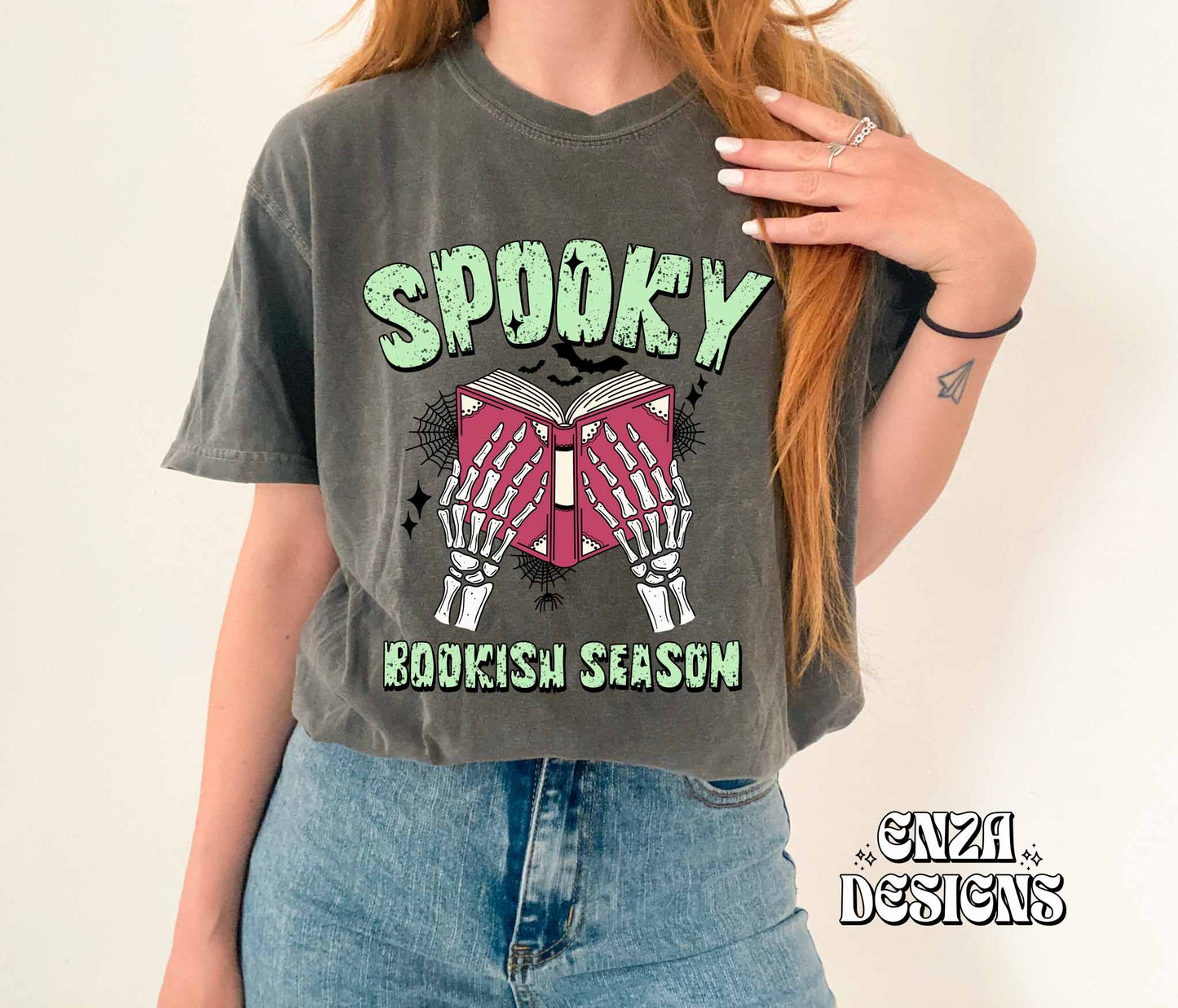 Green Spooky Bookish Season Png, Halloween Bookish Png Design, Fall Book Lover Png Design For Sublimation Dtf UVDtf, Trendy Skeleton Png Designs For Shirts