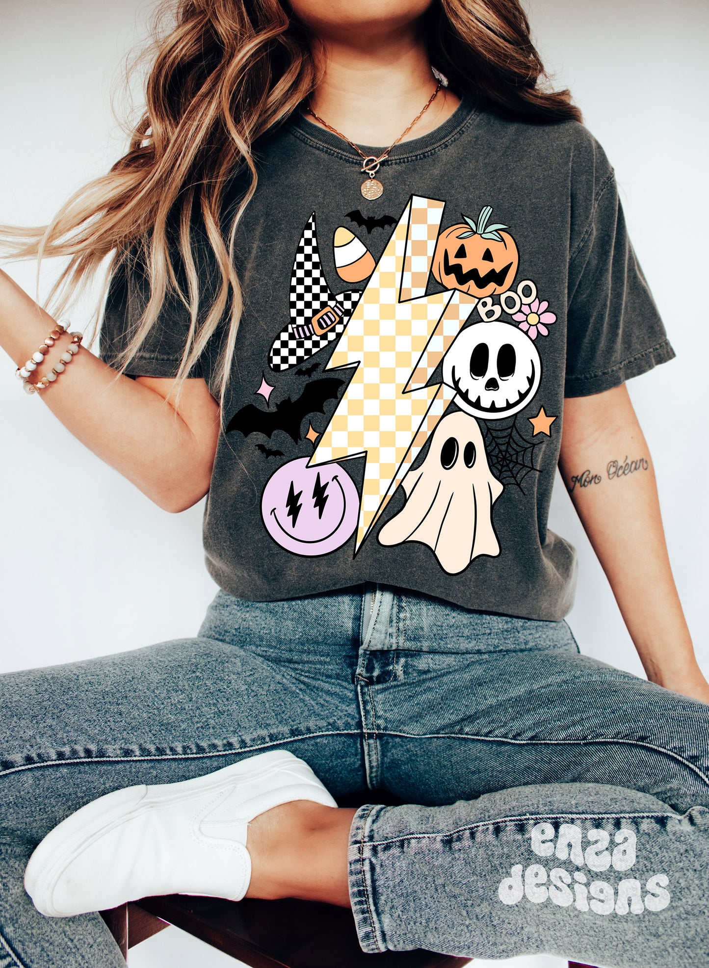 Retro Halloween Png Shirt Design, Spooky Season Png, Checkered Lightning, Retro Smiley Sublimation, Halloween Sublimation Shirt Png