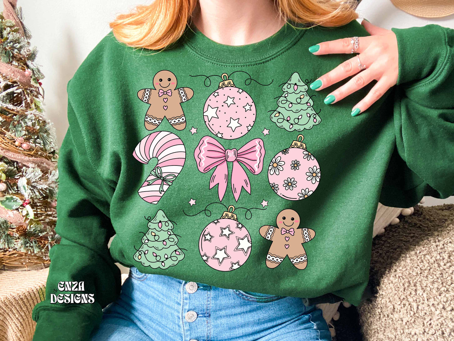 Pink Christmas Ornaments Png, Ginger Bread Shirt Design, Christmas Trees Png, Cute Christmas Png, Christmas Shirt Png Sublimation Design Digital Download