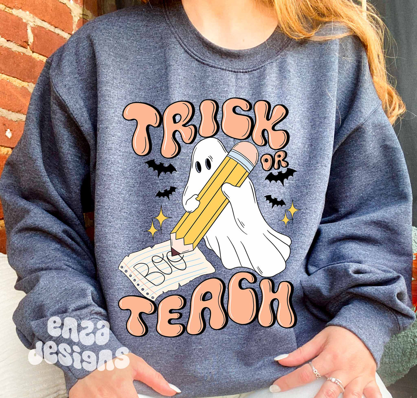 Trick Or Teach Teacher Halloween Png Design For Sublimation Dtf UVDtf, Trendy Teacher Fall Png Designs For Shirts, Pencil With Ghost Png