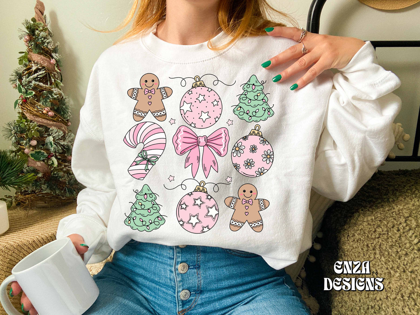 Pink Christmas Ornaments Png, Ginger Bread Shirt Design, Christmas Trees Png, Cute Christmas Png, Christmas Shirt Png Sublimation Design Digital Download