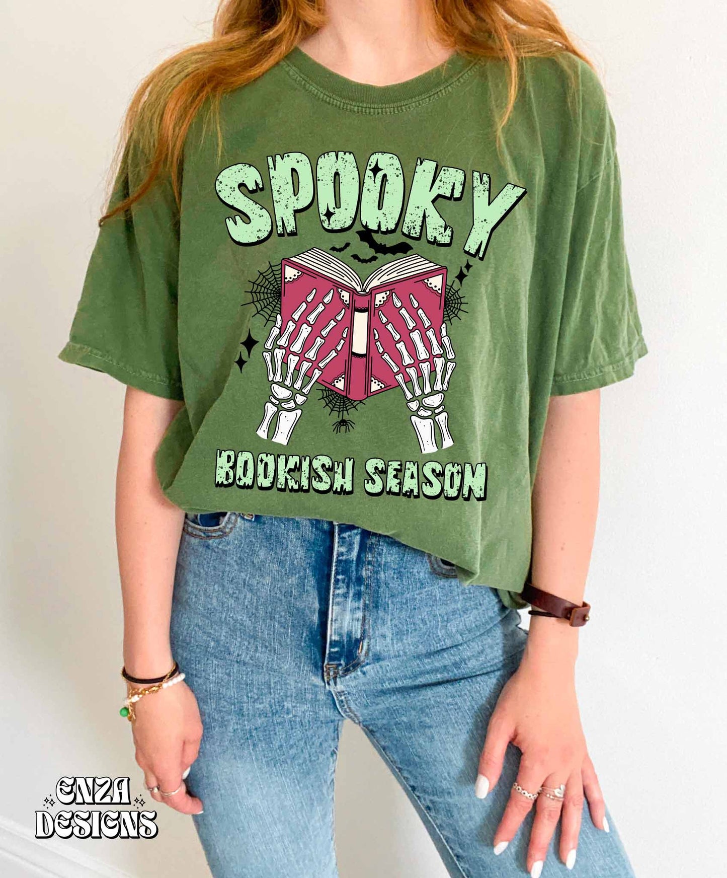 Green Spooky Bookish Season Png, Halloween Bookish Png Design, Fall Book Lover Png Design For Sublimation Dtf UVDtf, Trendy Skeleton Png Designs For Shirts