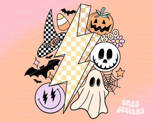 Retro Halloween Png Shirt Design, Spooky Season Png, Checkered Lightning, Retro Smiley Sublimation, Halloween Sublimation Shirt Png