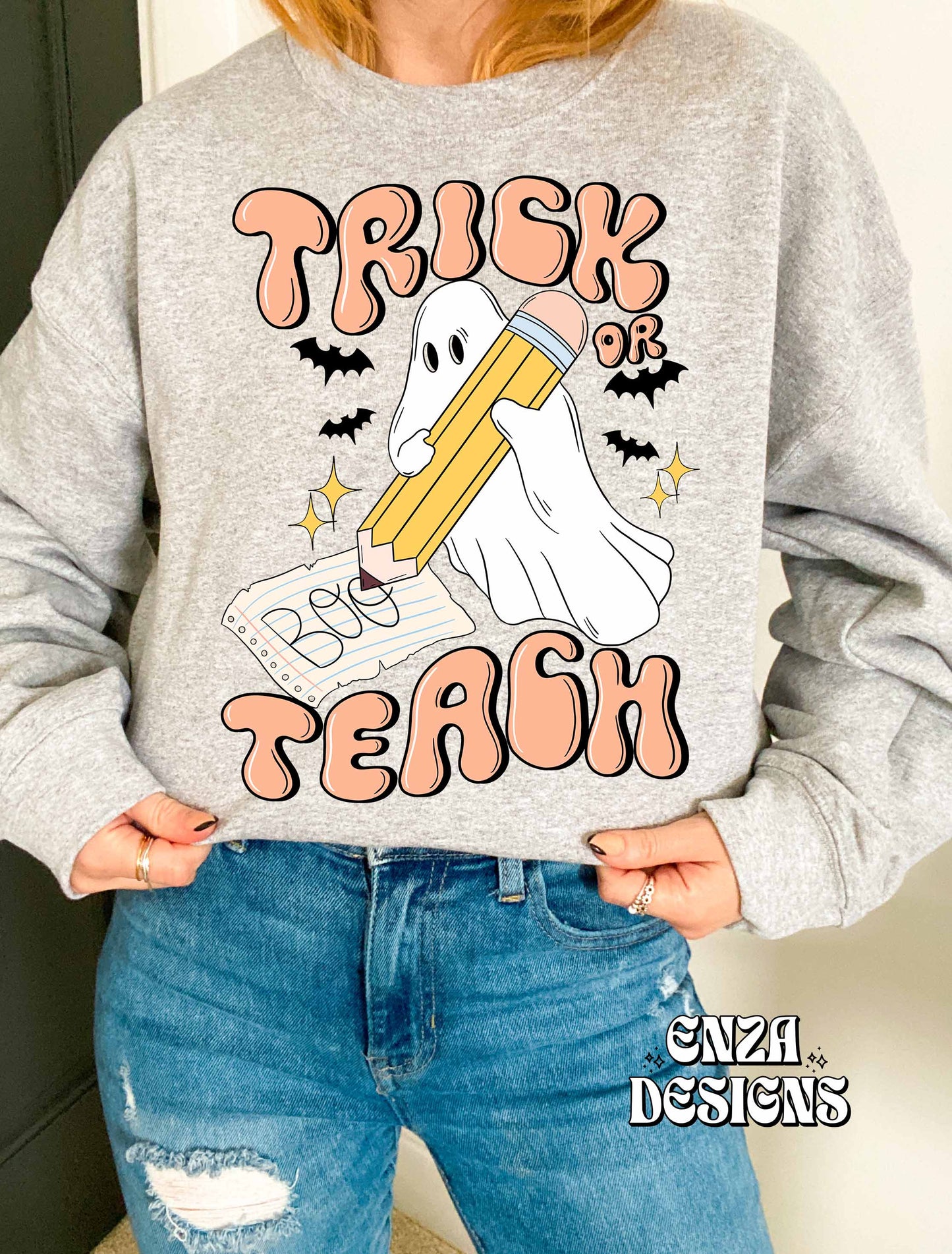 Trick Or Teach Teacher Halloween Png Design For Sublimation Dtf UVDtf, Trendy Teacher Fall Png Designs For Shirts, Pencil With Ghost Png