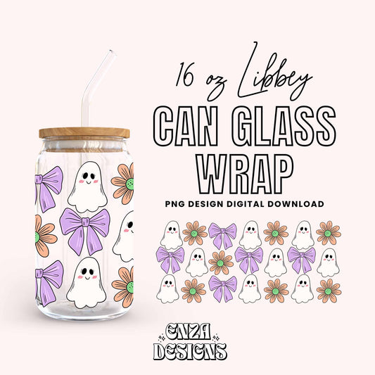 Ghost With Daisies and Bows 16 oz Libbey Can Glass Wrap Png Digital Download, Libbey Can Wrap Png Halloween Uv Dtf Design  Libbey Cup Png