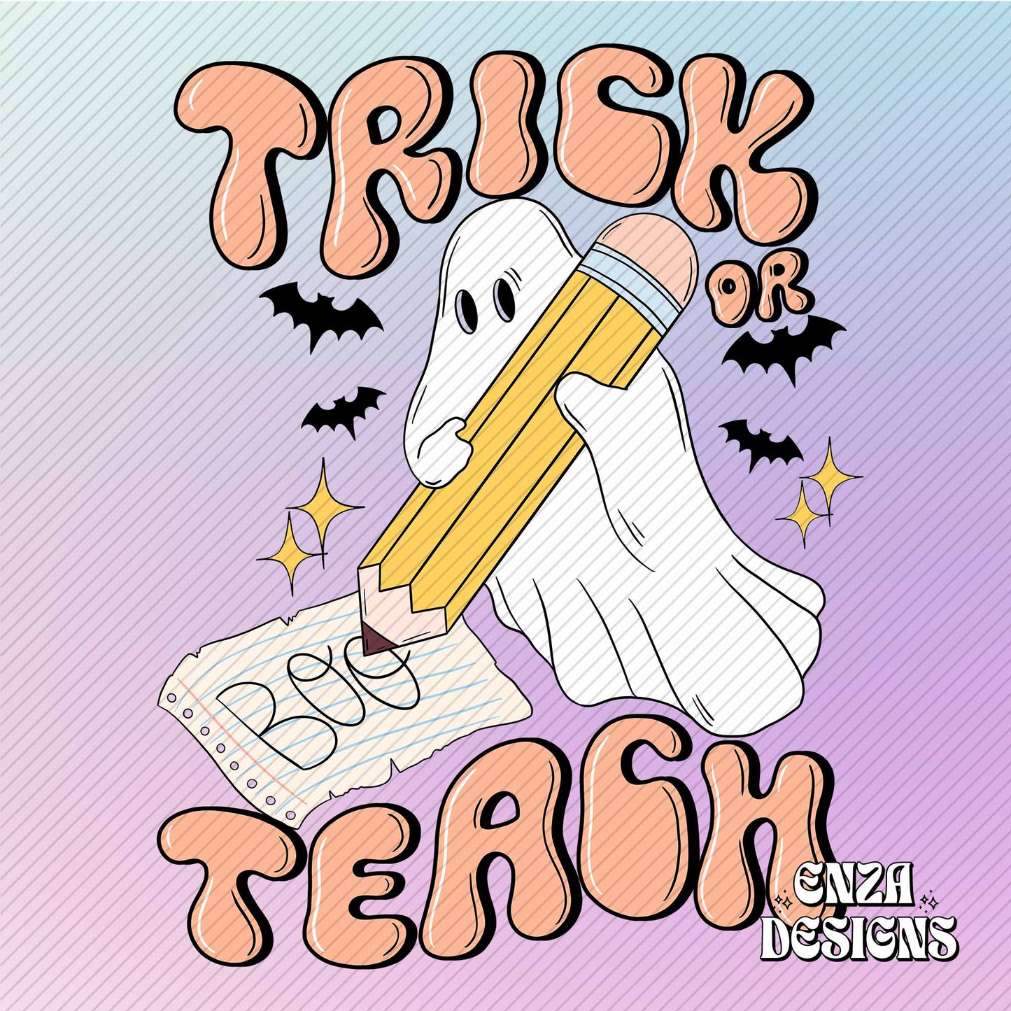 Trick Or Teach Teacher Halloween Png Design For Sublimation Dtf UVDtf, Trendy Teacher Fall Png Designs For Shirts, Pencil With Ghost Png