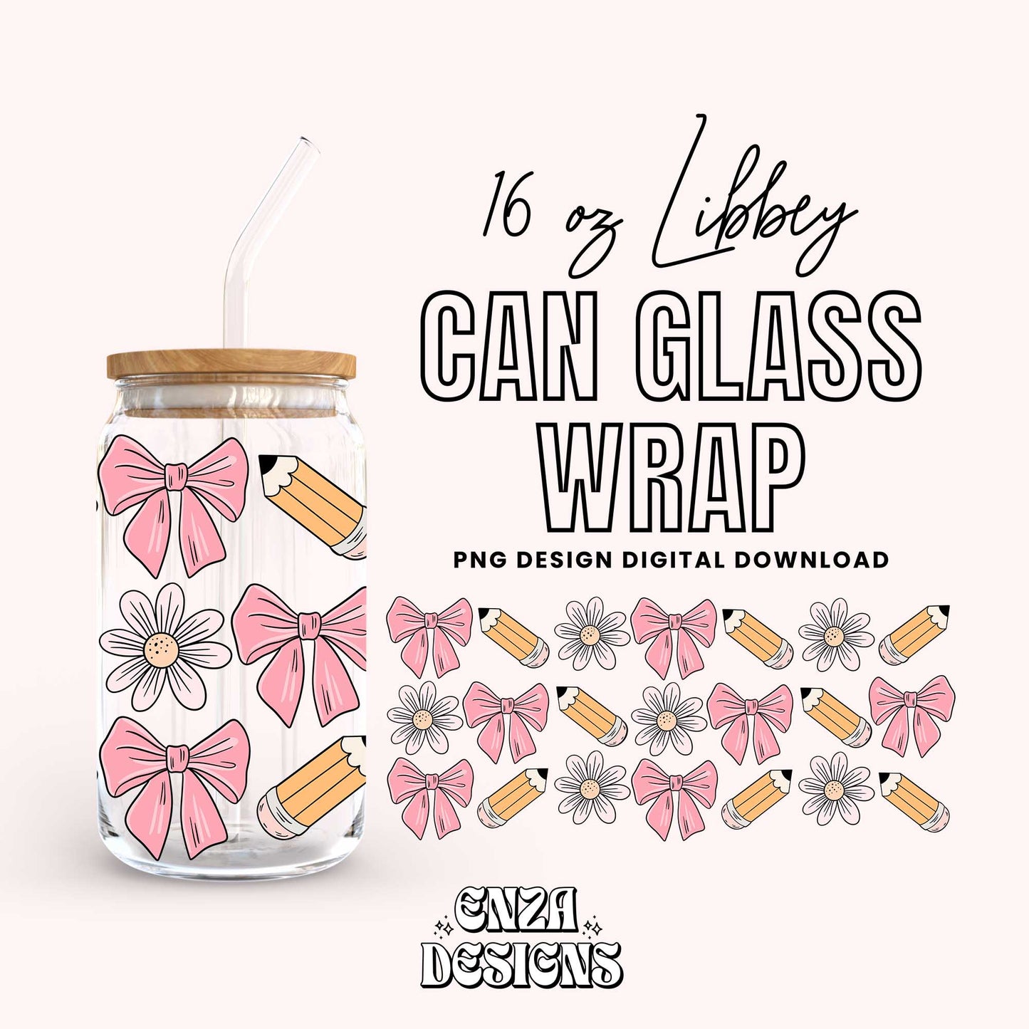 Teacher Appreciation 16 oz Libbey Can Glass Wrap Png Digital Download, Cute Libbey Can Wrap Png Uv Dtf designs, Pencil Bows Libbey Cup Png