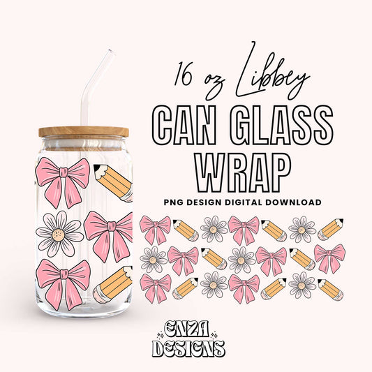 Teacher Appreciation 16 oz Libbey Can Glass Wrap Png Digital Download, Cute Libbey Can Wrap Png Uv Dtf designs, Pencil Bows Libbey Cup Png