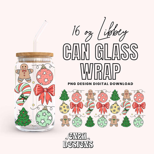 Christmas Ornaments 16 oz Libbey Can Glass Wrap Png Digital Download, Holiday Libbey Can Wrap Png Uv Dtf designs, Gingerbread Libbey Cup Png