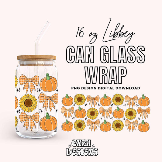 Fall Sunflower Pumpkin Bow 16 oz Libbey Can Glass Wrap Png Digital Download, Fall Libbey Can Wrap Png Autumn Uv Dtf Design Fall Cup Png