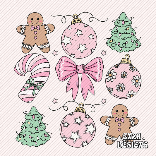 Pink Christmas Ornaments Png, Ginger Bread Shirt Design, Christmas Trees Png, Cute Christmas Png, Christmas Shirt Png Sublimation Design Digital Download