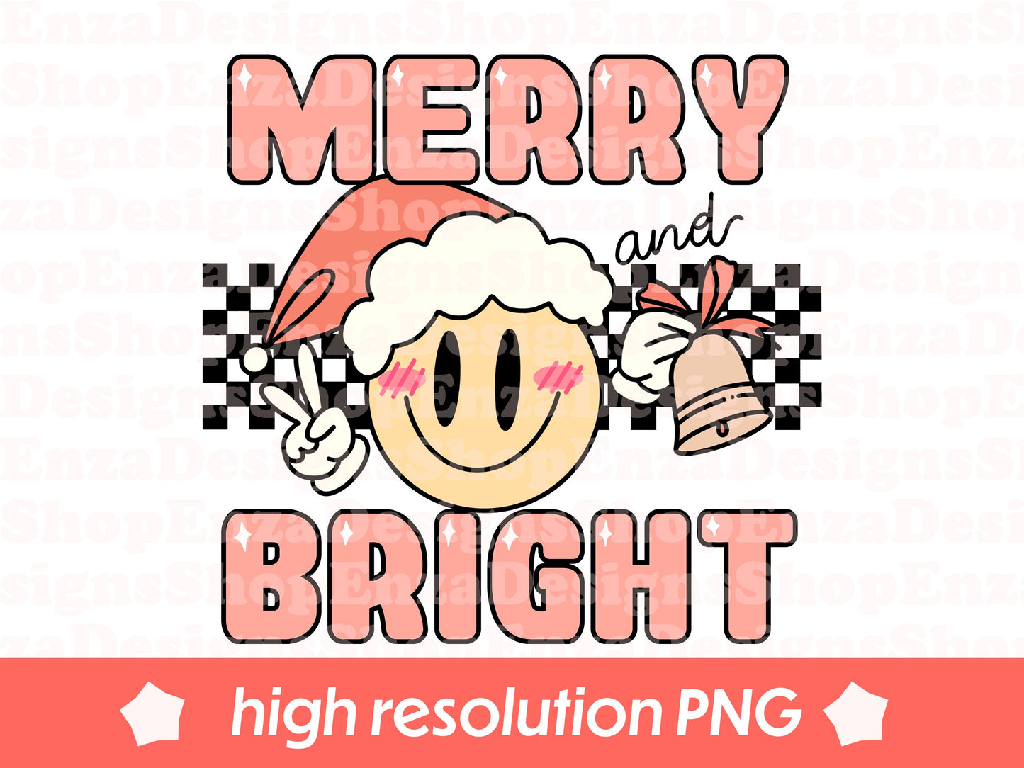 Christmas Png, Merry and Bright Png, Retro Christmas Png, Checkered Smiley Png, Christmas Sublimation, Holidays Png